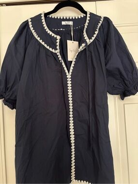 Navy Puff-Sleeve Blouse with White Embroidery Trim